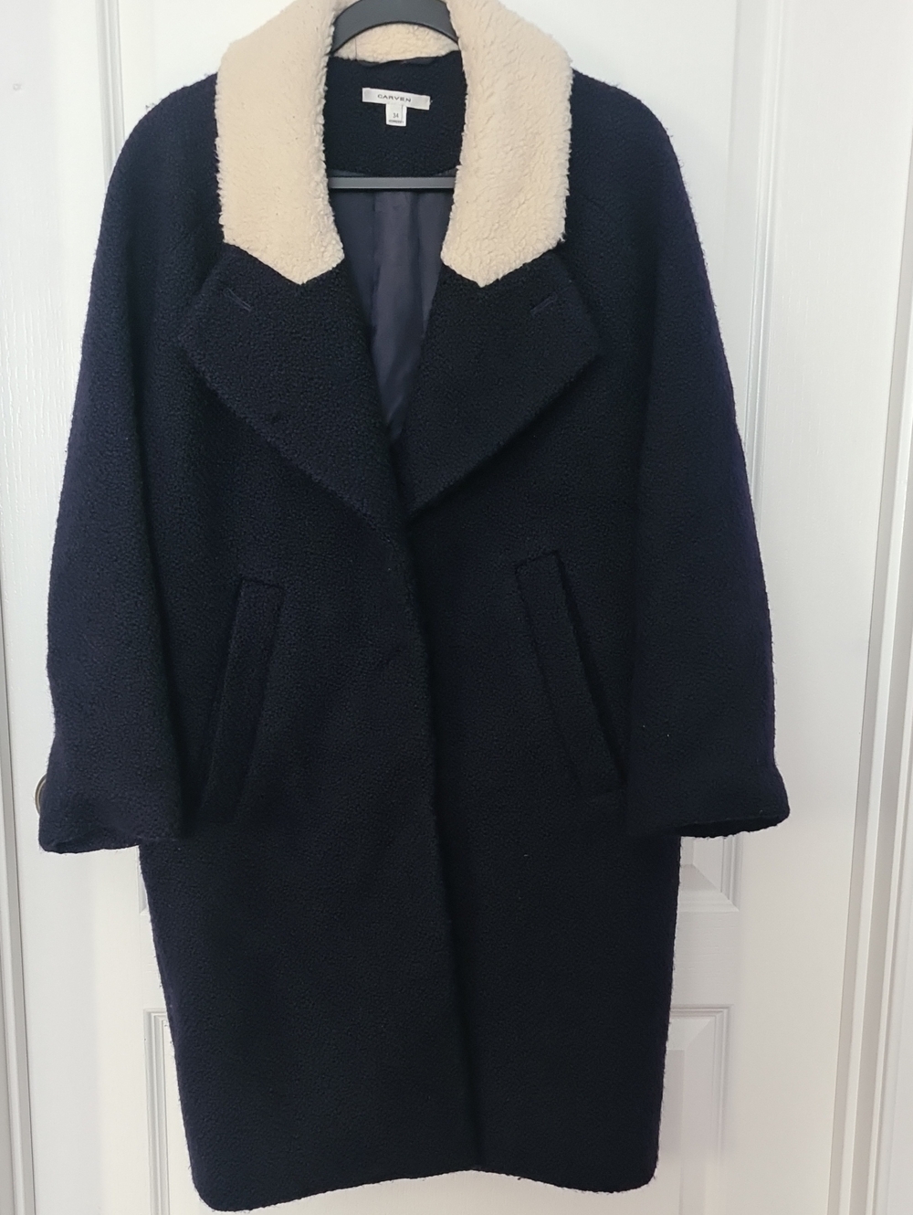 CARVEN Navy Teddy Coat with Cream Sherpa Collar
